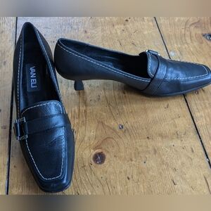 Vintage black leather buckle heel